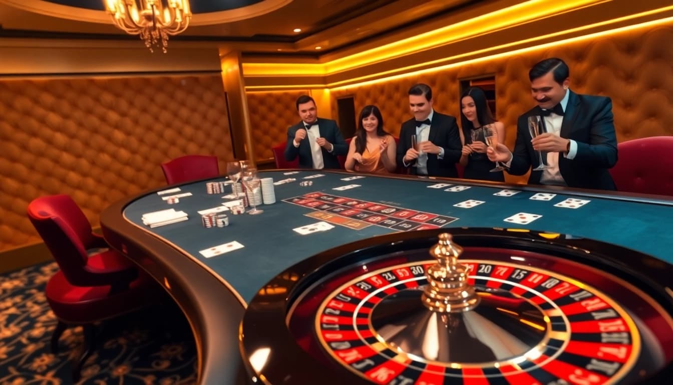 Players placing bets at an elegant gaming table in a 188vcom casino, capturing the thrill of gambling.
