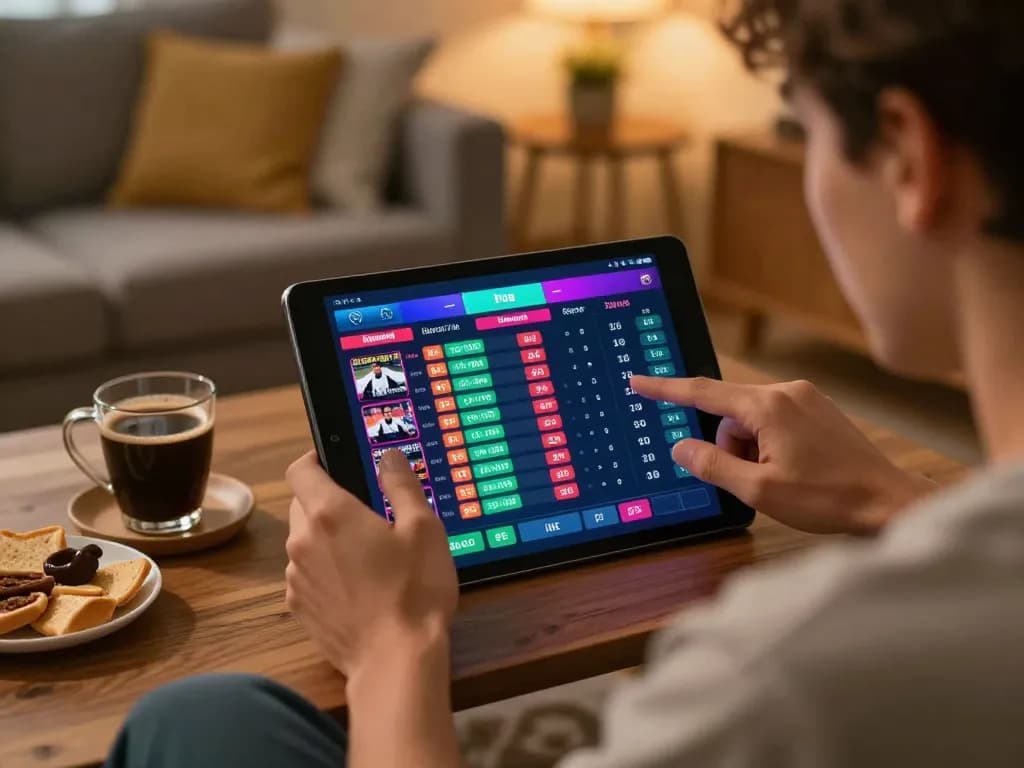 Engaging in live sports betting at https://kjc365.com/ with a tablet featuring updated odds in a cozy home setting.