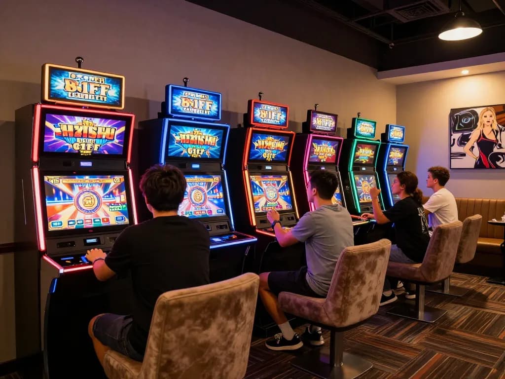 Players enjoying immersive slot games at 81ff, capturing thrilling moments of big wins and vibrant machine displays.