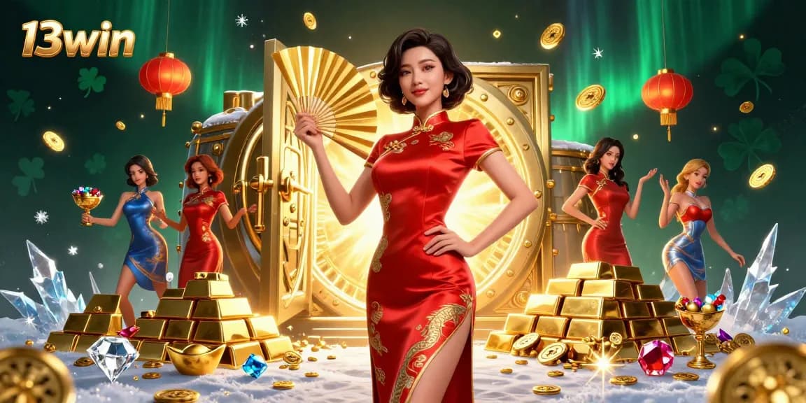 Experience the winning thrill at 13win with vibrant casino characters and golden treasures.