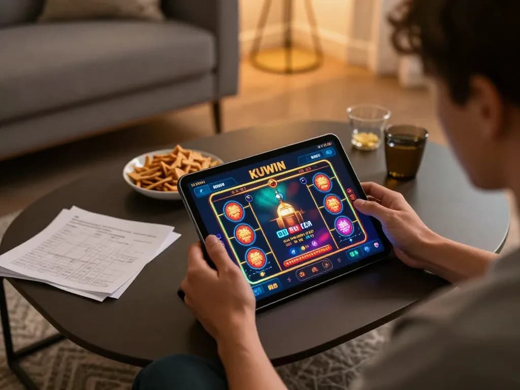Engaging online gaming session with KUWIN app displayed on tablet in a cozy home.