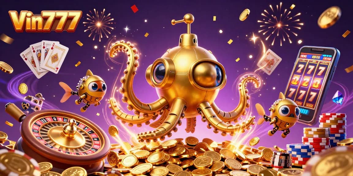 Engage in exhilarating games at Vin777 with a golden kraken submarine amidst vibrant casino elements.