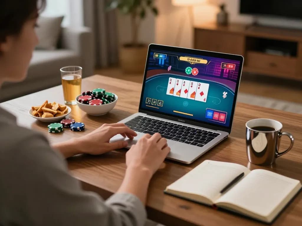Engaging in online poker at home using transporthydraulics with chips and cards on the screen.