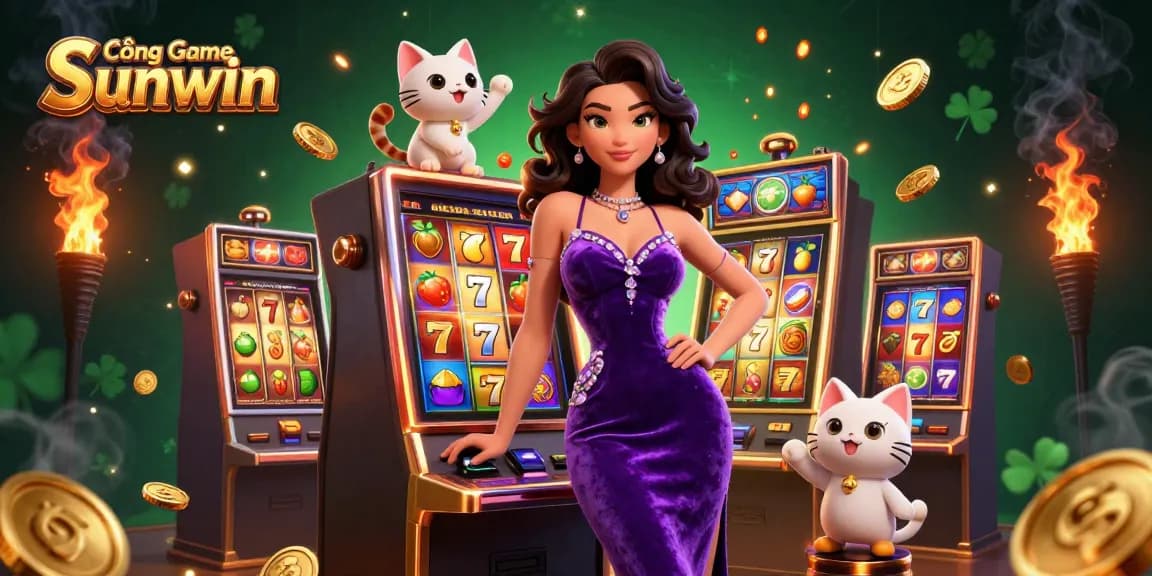 Cổng Game Sunwin features an exciting 3D scene with a glamorous woman celebrating a jackpot on a slot machine.