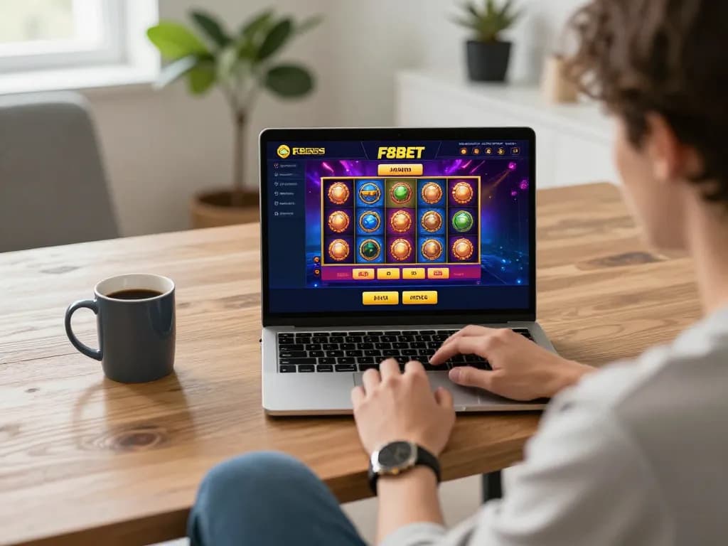 Gambling enthusiast engaging with F8BET online casino on their laptop, showcasing vibrant gameplay.