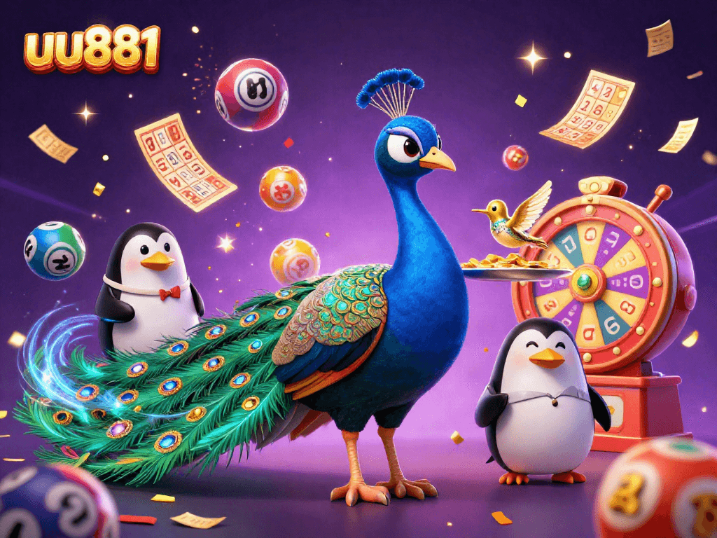 uu881 promotes excitement with a 3D peacock, lottery elements, and festive confetti
