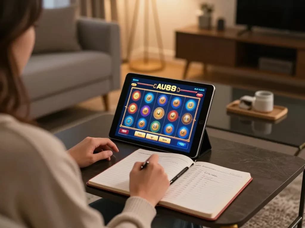 Engaging in AU88 online gaming at home with tablet and strategic notes.