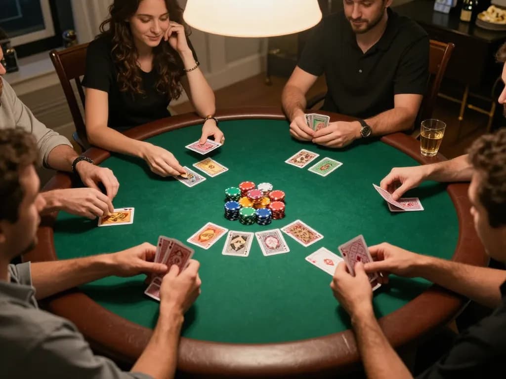 79 king poker game night setup with players focusing on their cards and chips