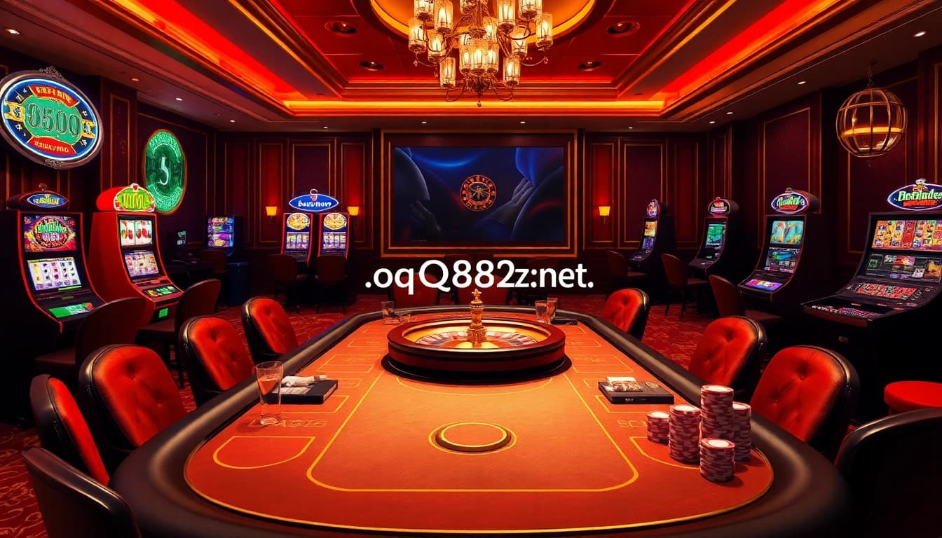 This thrilling casino scene at https://qq88z.net/ captures players engaging at poker tables amid vibrant slot machines.