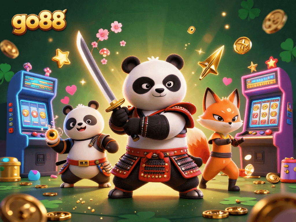 Experience go88's thrilling gaming world with a 3D panda samurai and vibrant arcade elements.