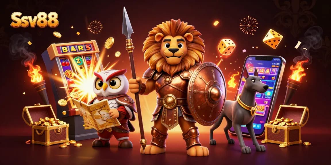 Sv88 offers thrilling game experiences with a Spartan lion, owl strategist, and greyhound messenger amidst jackpots and treasures.