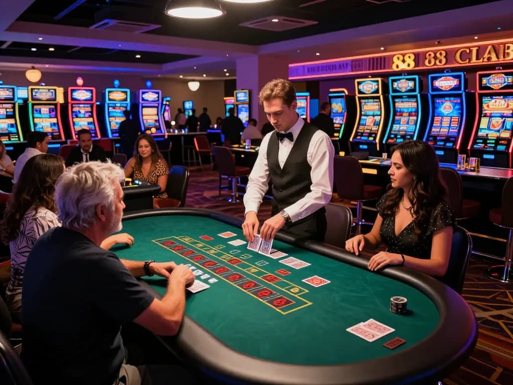 Players enjoying blackjack thrills at the 88 Club casino with colorful neon lights and a luxurious atmosphere.