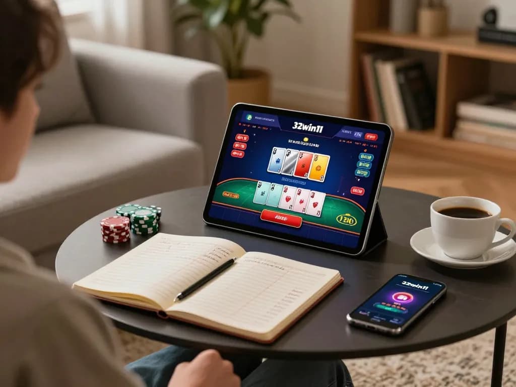 Experience engaging online gaming with 32win11 on a tablet in a cozy home setting.