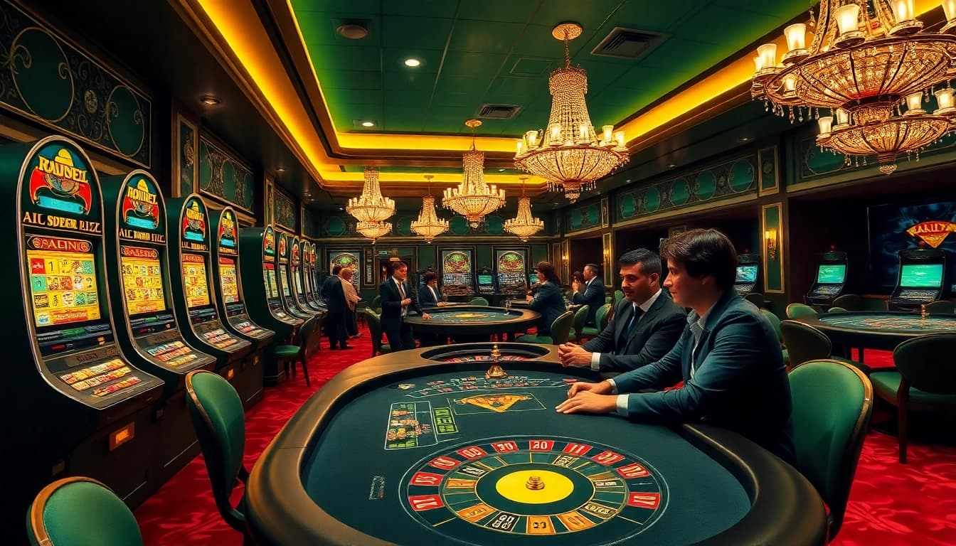 Experience the thrill of ABC8 gaming in a high-stakes casino scene, with vibrant slot machines and intense poker action.