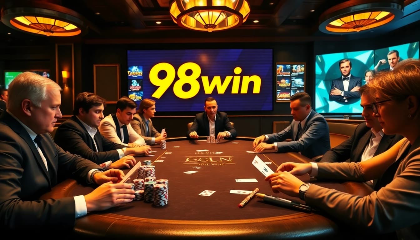 The ambiance of a professional poker game on 98win.com, featuring chips and cards in an exciting casino environment.