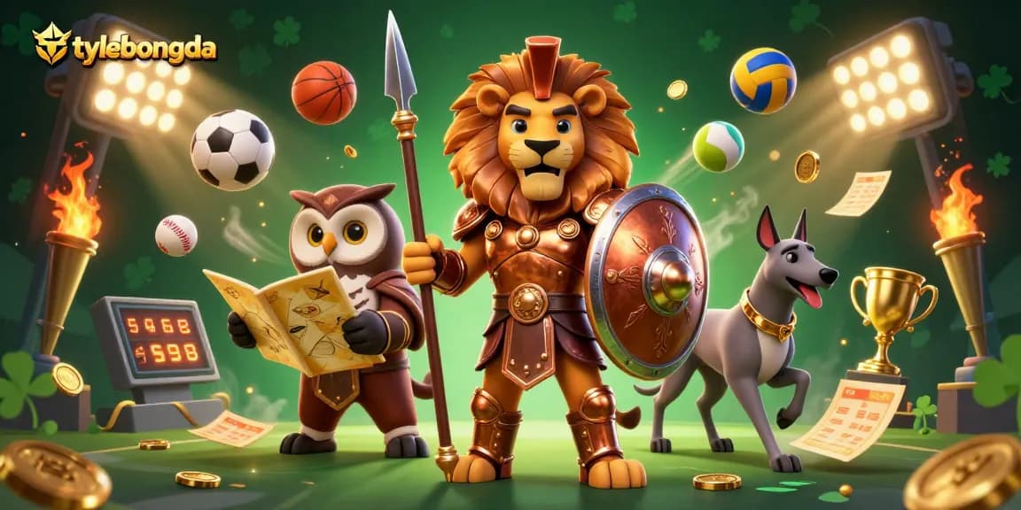 Experience thrilling sports betting action with tylebongda's dynamic scene of a Spartan lion, owl strategist, and greyhound along with vibrant game elements.