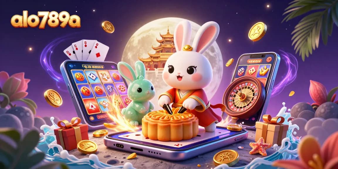 Alo789a showcases a vibrant scene of a moon rabbit and jade companion in a rich casino setting, emphasizing gaming and entertainment.