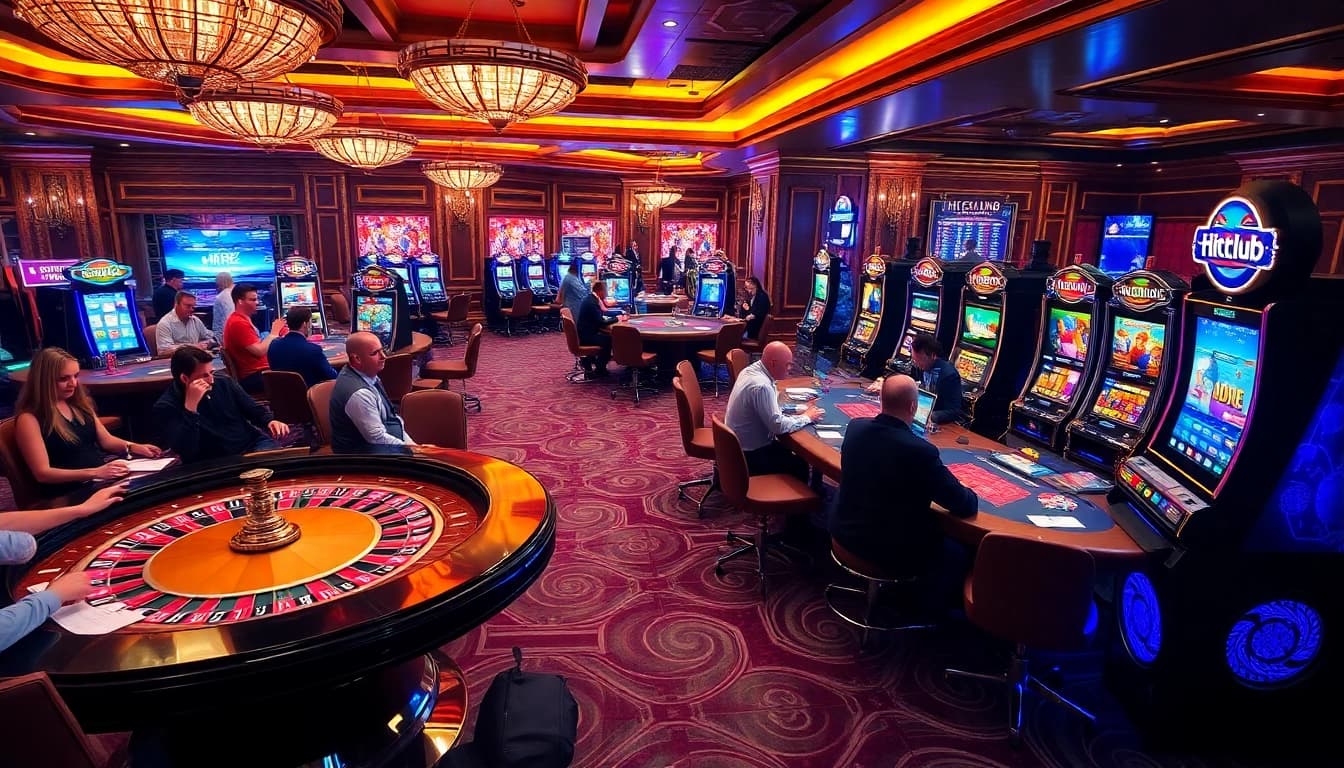 Engage with the excitement of gambling at https://hitclub9.vip/ with an elegant casino scene featuring a roulette table.