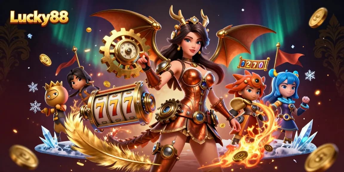 Experience the excitement of Lucky88 with a 3D illustration featuring vibrant slot reels and dynamic gaming elements.