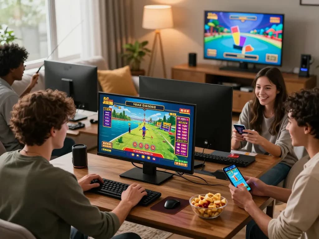 Engaged players enjoying games at https://da88.coach/ in a cozy living room setting, vibrant online gaming atmosphere.