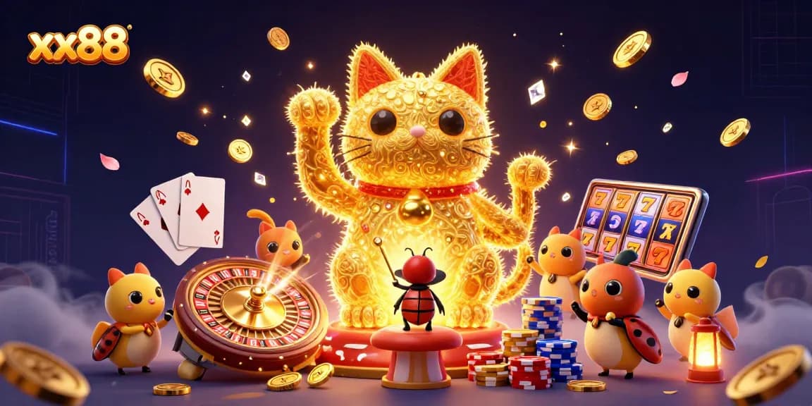 Win big with xx88 in this vibrant 3D casino scene featuring lucky cats, cards, and coins.