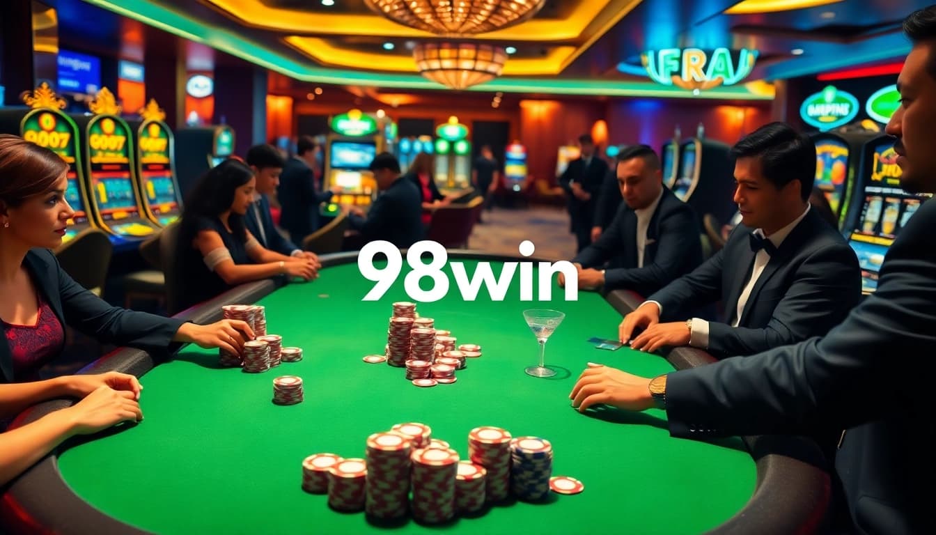 Experience the excitement of 98win at a stylish poker table surrounded by vibrant casino action.