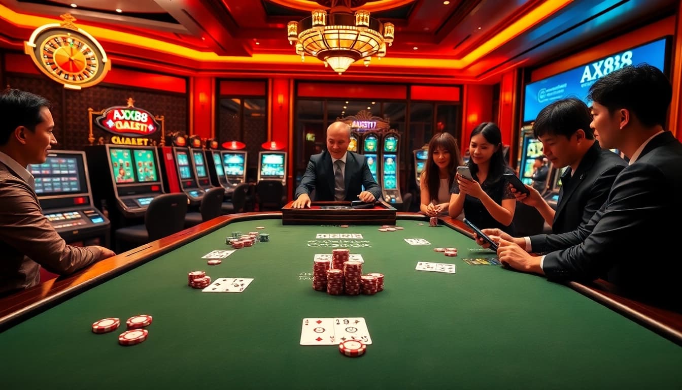 Experience thrilling action at AX88 with players engaged in poker and roulette in a vibrant casino atmosphere.