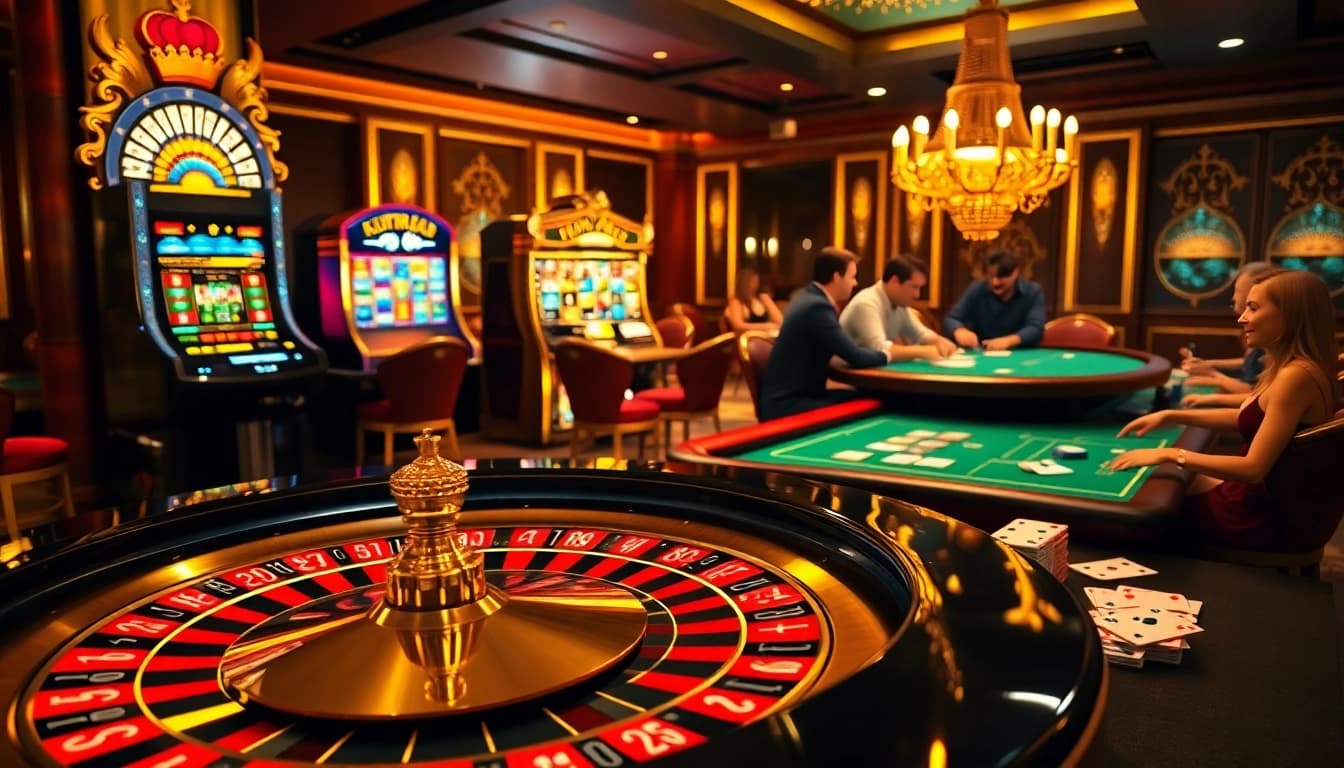 King 88 casino excitement with players at roulette table and vibrant slot machines.