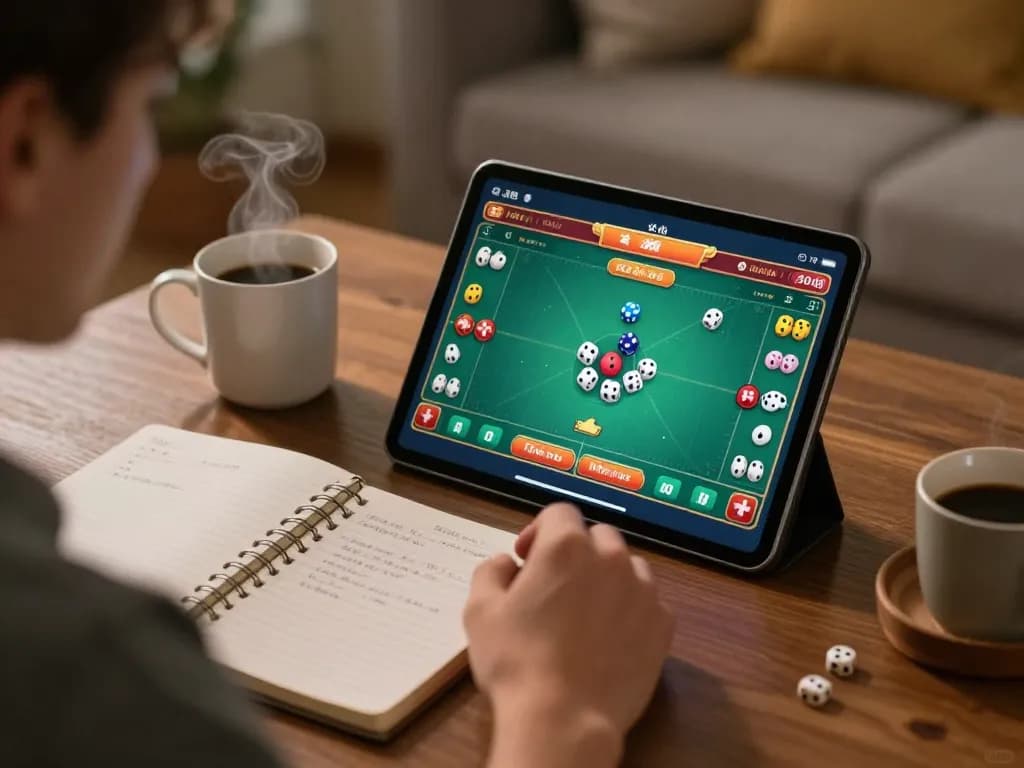 Engaging in tài xỉu online from home, player focusing on tablet screen with game action.