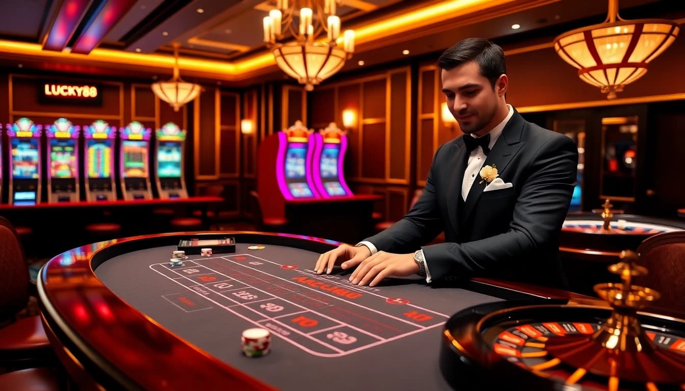Experience LUCKY88 at an upscale casino table with vibrant poker chips and a roulette wheel.