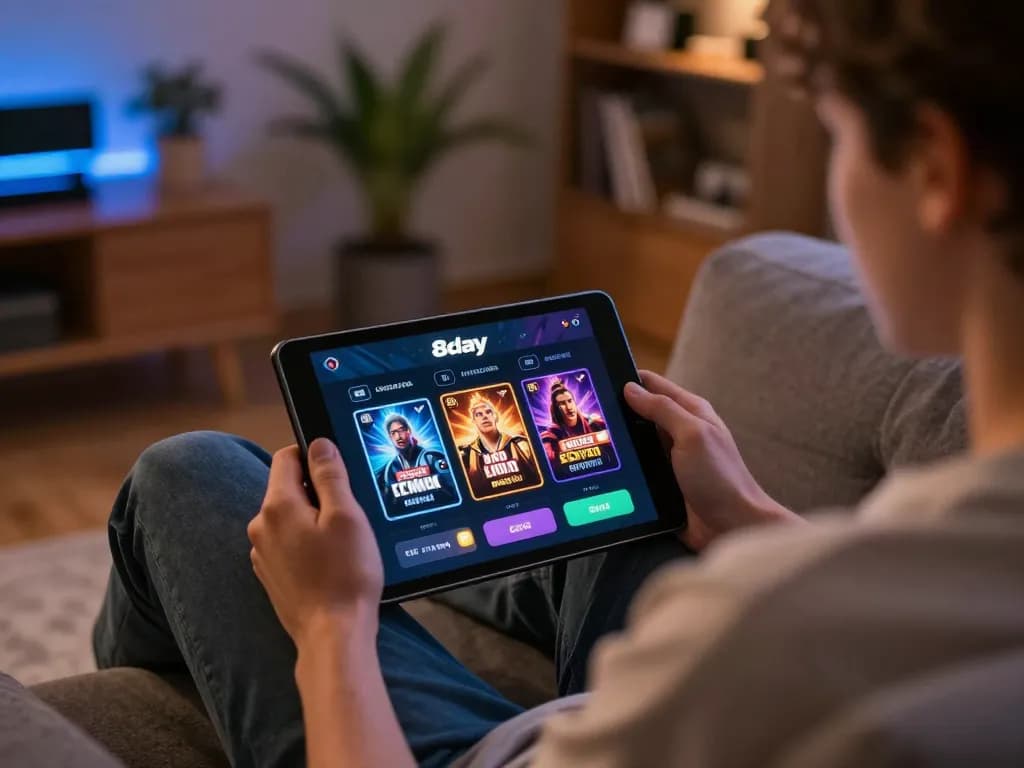 Player enjoying the 8day app on tablet for online casino gaming in a cozy home setup