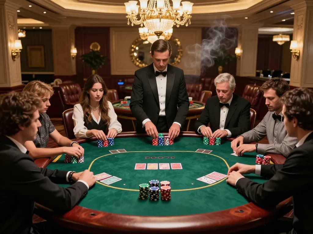 MM88 poker game in a luxury casino setting with focused players and vibrant chips