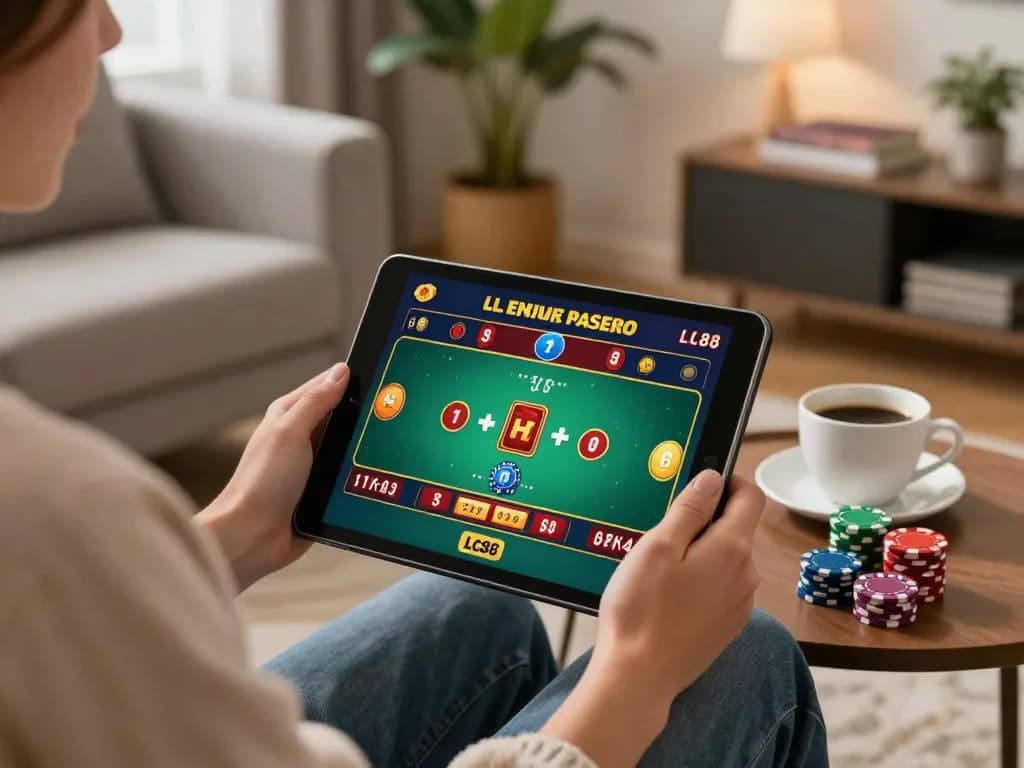 Engaged player enjoying LC88 online casino gaming on tablet in cozy living room.