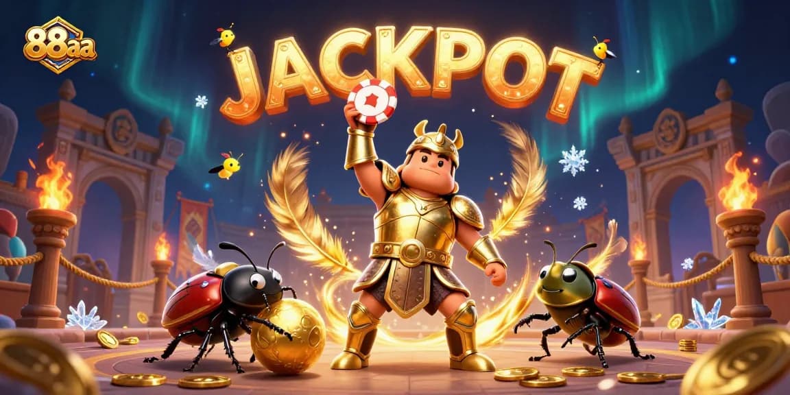 88aa thrills with a gladiator beetle lifting poker chips in a colorful casino scene.