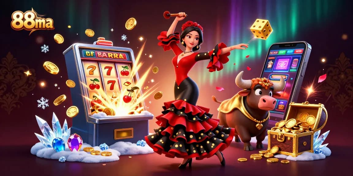 Experience thrilling wins with 88ma's dynamic casino scene featuring jackpot slots and vibrant characters.
