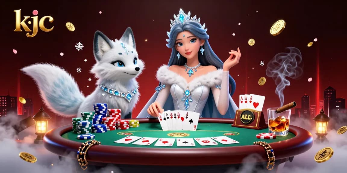 KJC showcases a vibrant scene with a stunning woman and her arctic fox companion celebrating a poker victory amidst colorful chips and cards.