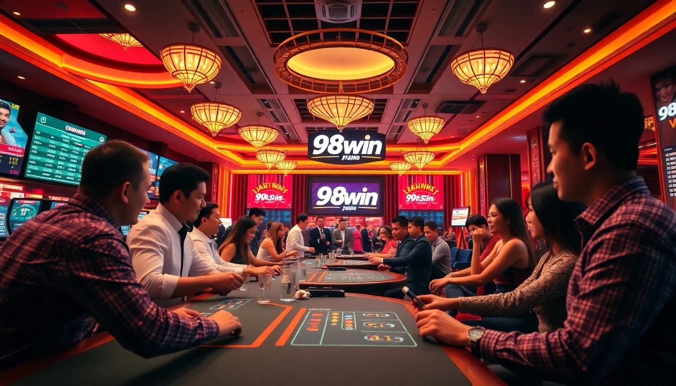 Dynamic scene of 98win trang chu with players enjoying thrilling casino games in a vibrant setting.