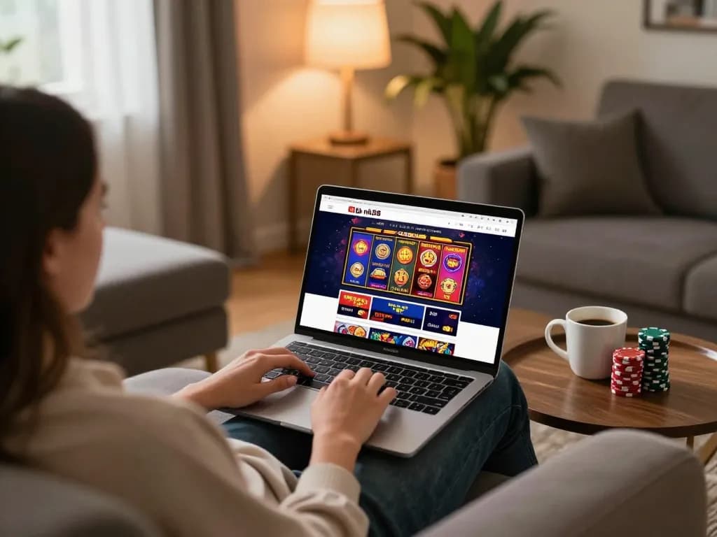 Engaging in online gameplay on trang chủ nk88 with virtual slots displayed on a cozy living room setup