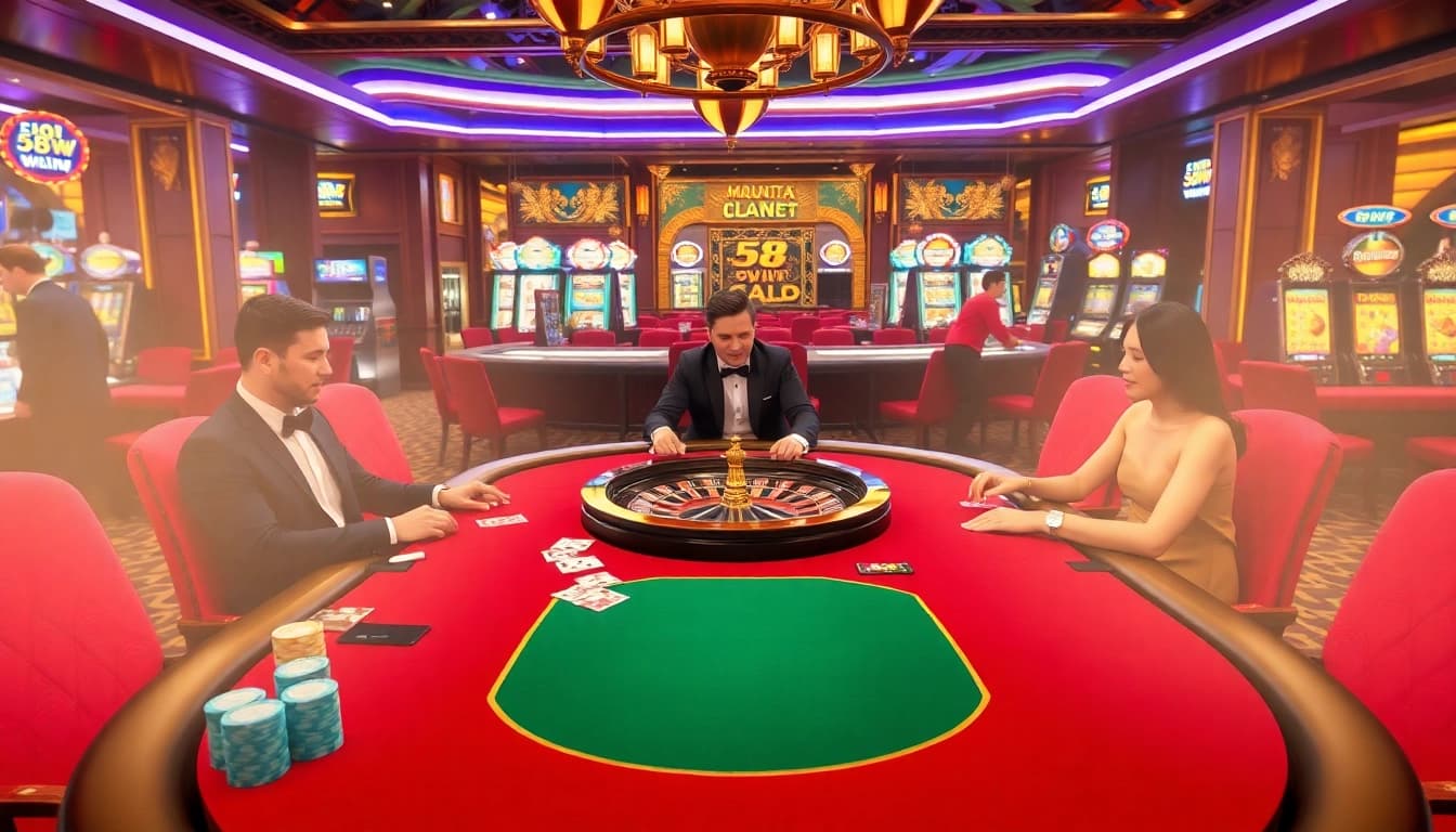 Players enjoying a high-stakes poker game at 58WIN casino with luxurious decor and vibrant atmosphere.