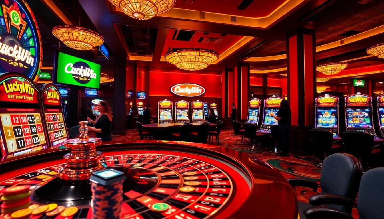 Players engaging in thrilling gameplay at the LuckyWin casino, featuring roulette and slot machines.