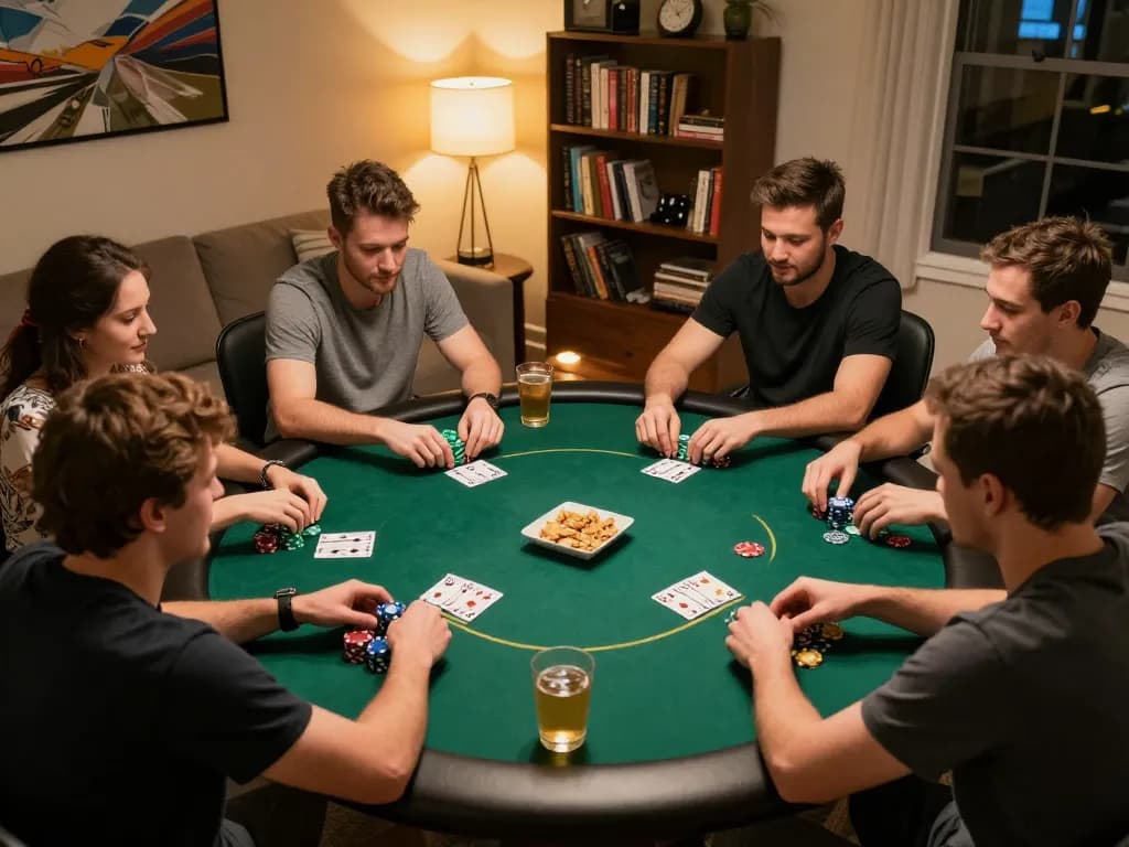 Players strategizing at a Go8 poker night with chips and community cards visible in a cozy home setting.