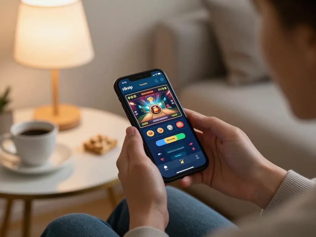 Engaging in online gaming with the rikvip app on smartphone in a cozy home setting.