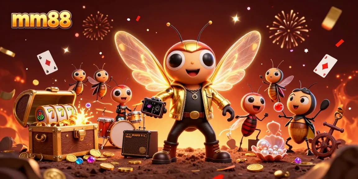 Engage with mm88's 3D cartoon characters in a vibrant casino scene filled with gold coins and exciting game elements.