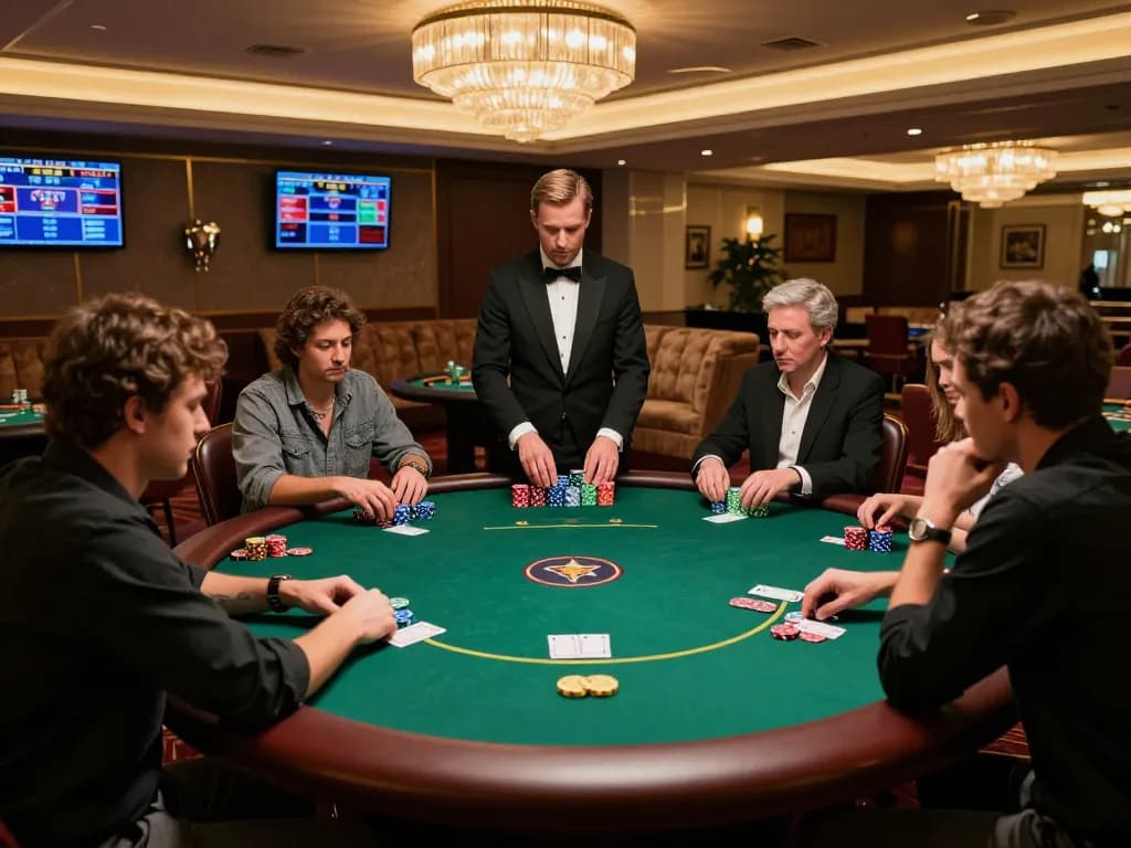 Engaged players at KP88 VIP poker game strategizing for winning hands.