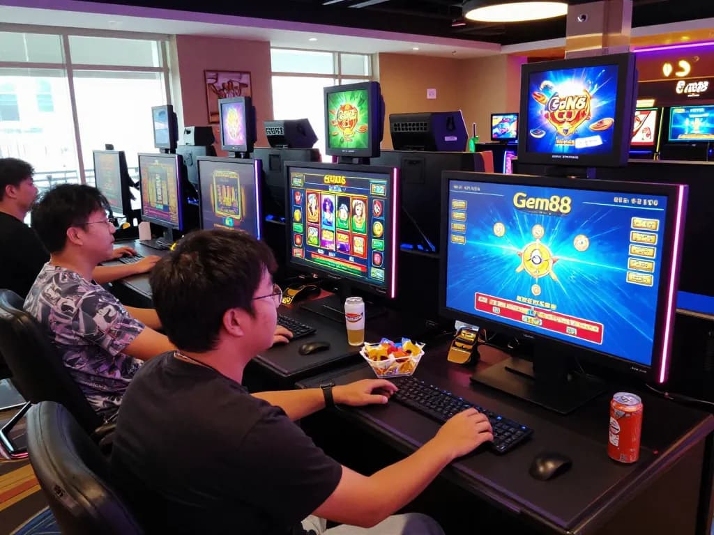 Players enjoying games on the Gem88 online casino platform with vibrant graphics and snacks.