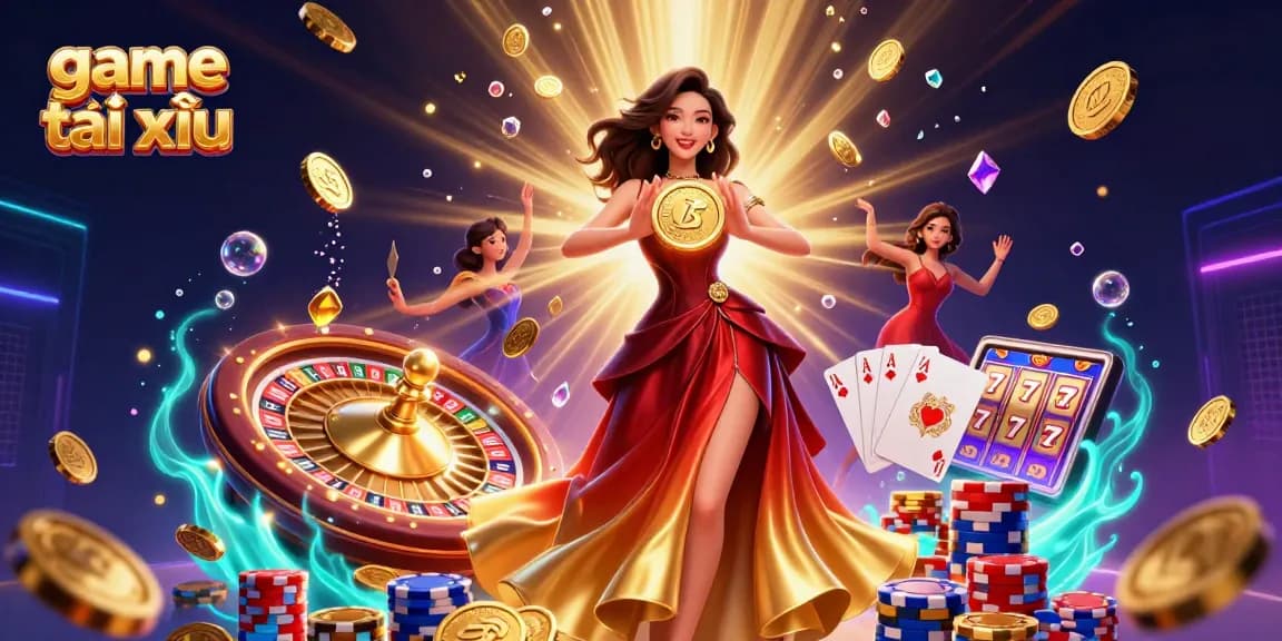 Experience the excitement of game tài xỉu with stunning visuals, including a dazzling Asian woman and vibrant casino elements.