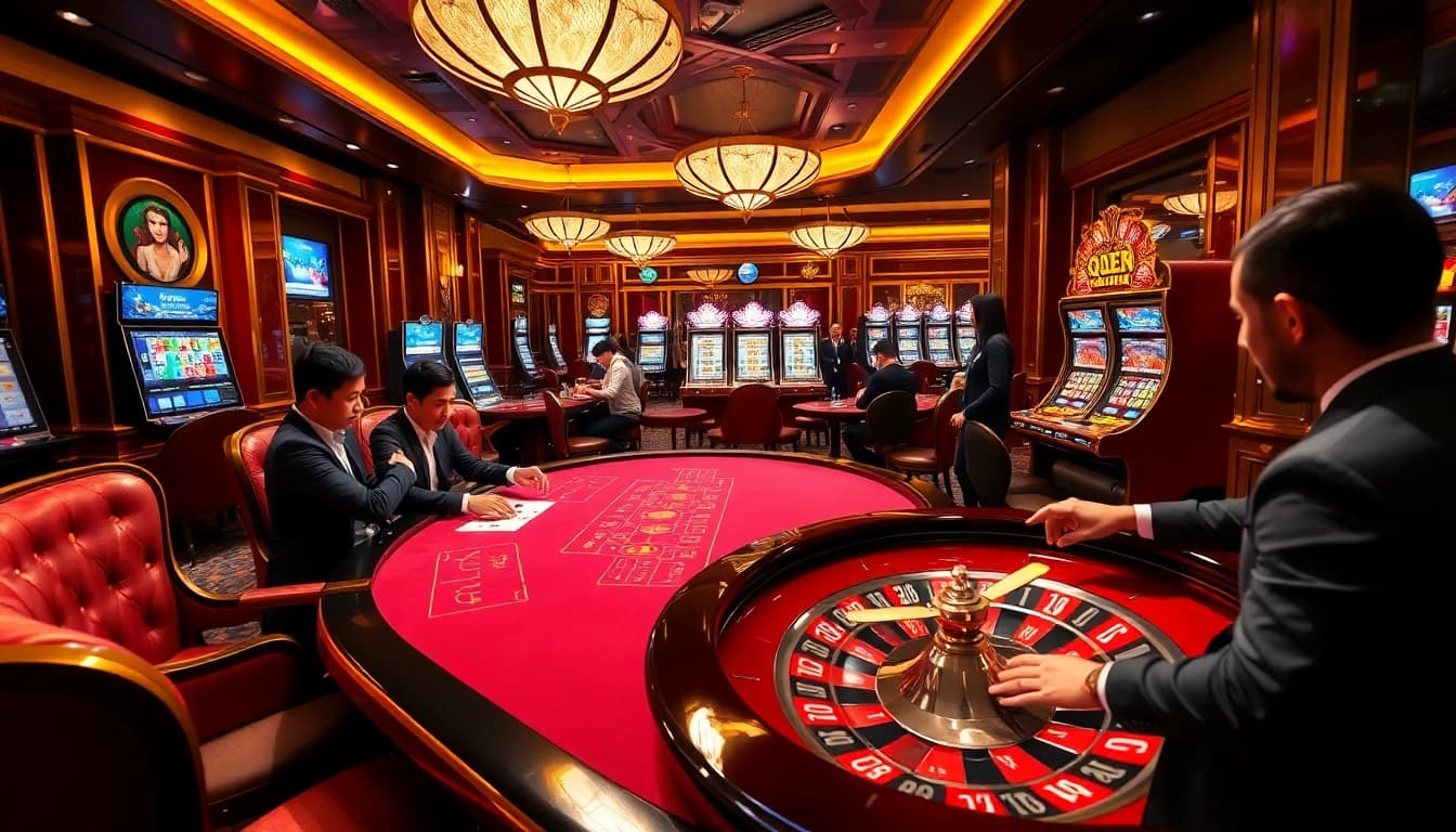 Players enjoying intense action at QQ88 casino tables with vibrant ambiance.