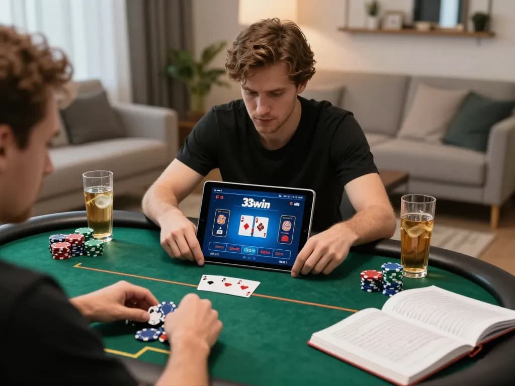 Player enjoying intense poker action on 33win app during a home game night with friends.