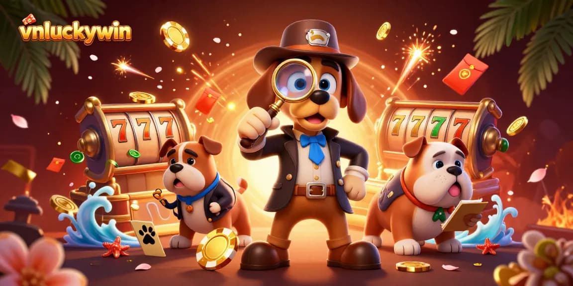 Experience the thrill of vnluckywin with a detective and bulldog uncovering poker treasures amidst vibrant casino elements.