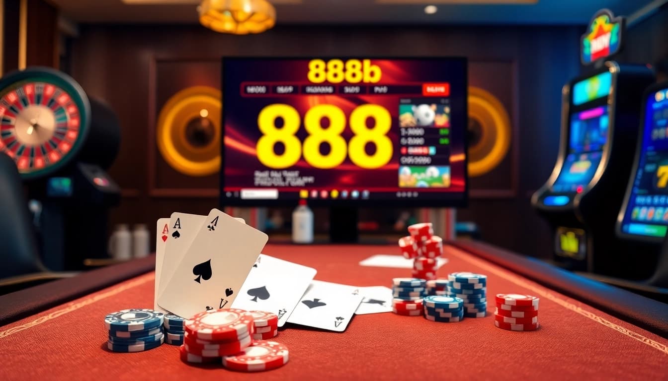 Experience the excitement at trang chủ 888b with casino tables, poker chips, and vibrant online gaming interfaces.